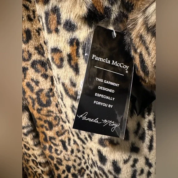 NWT Pamela McCoy Faux Fur Leopard Print Full Length Coat